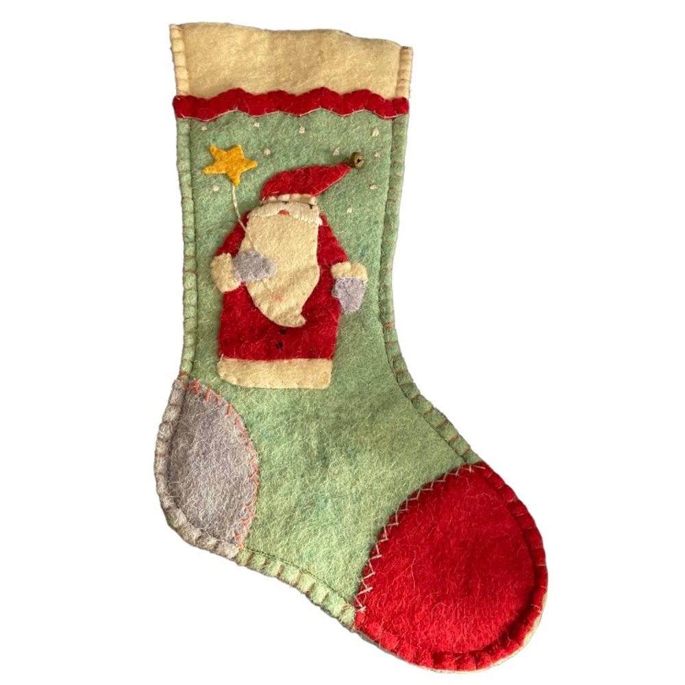 Vintage Wool Felted Santa Claus Christmas Stocking 17” India Folk Art Primitive